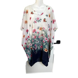 Tommy Bahama Floral Print V-Neck Kimono‎ Tunic Swim Cover-Up Chiffon Sz L/XL